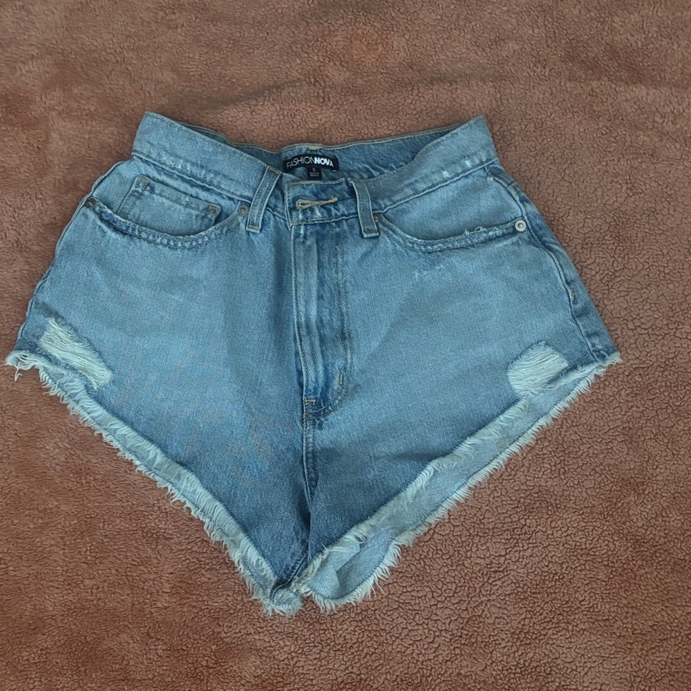 Fashion Nova Light Blue High-Rise Distressed Jean Shorts